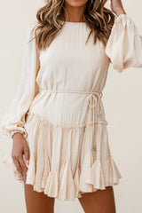 Rosabel Balloon Sleeve Fluted Hem Dress Beige