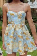 Belle Enchante Cami Strap Jacquard Mini Dress Blue