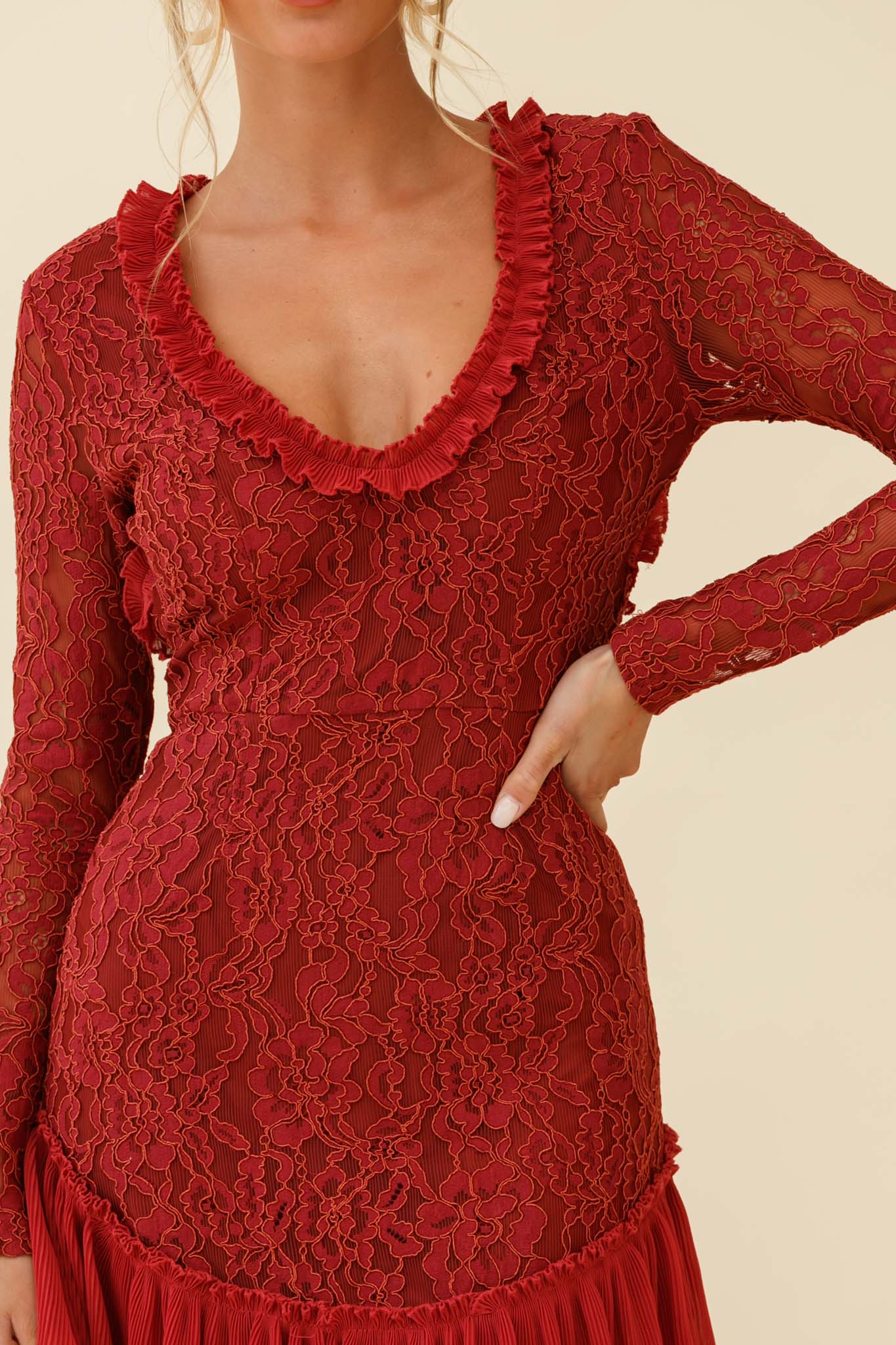 Isabella Long Sleeve Open Back Lace Dress Antique Rose